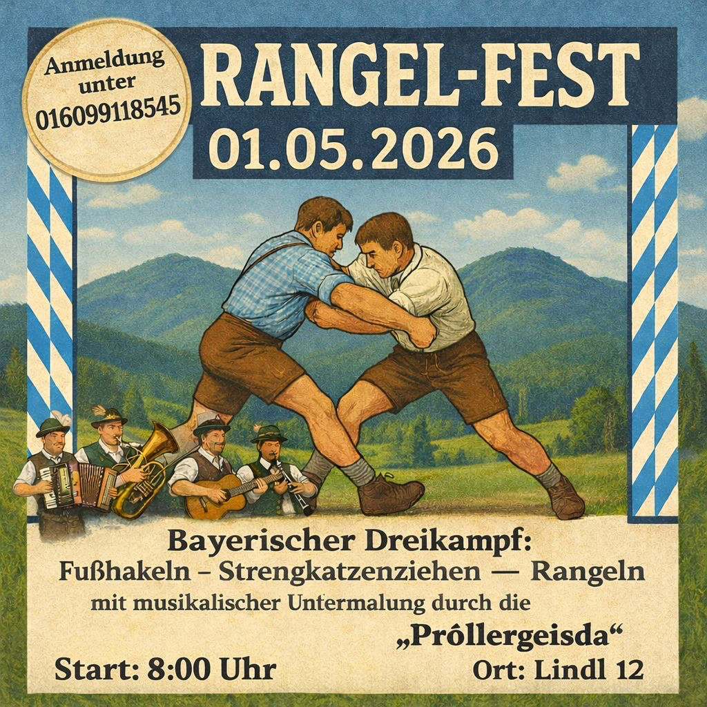 Rangel-Fest 2026 Veranstaltungsflyer mit allen Details zum bayerischen Dreikampf