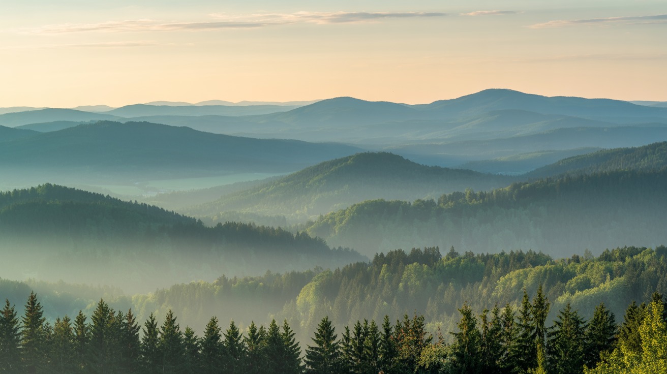 Bergpanorama vom Bayerischen Wald mit bewaldeten Hügeln und Nebel in den Tälern